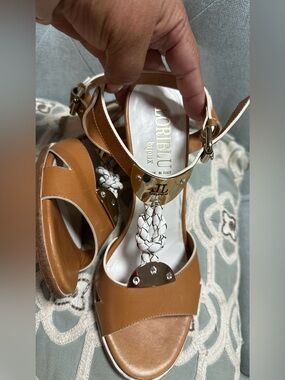 Tan and White Braided Leather T-Strap Sandals